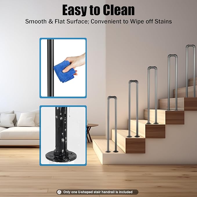 Stair Handrail Matte Black U-Shaped Industrial Wrought Iron Railing Non-Slip Safety Indoor Or Outdoor Elderly Children's Support Poles, Home for Garden Loft Corridor Villa Hotel