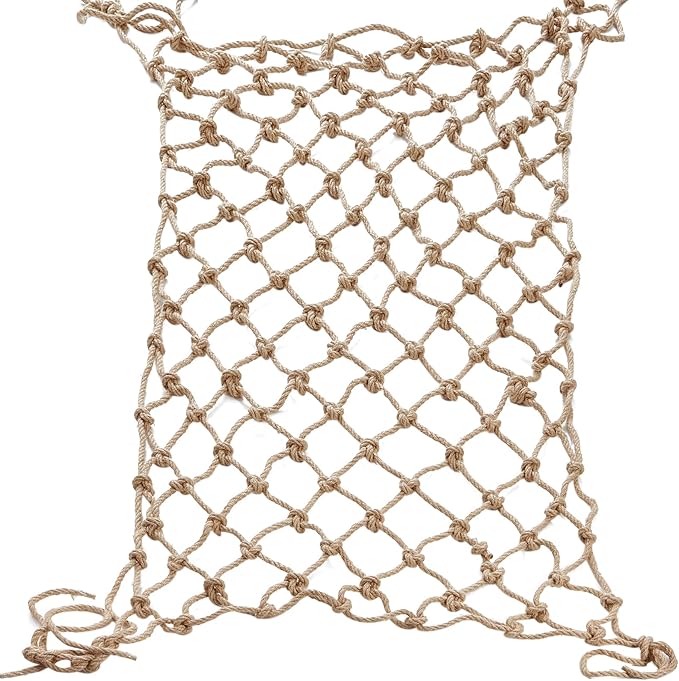Jute Hemp Rope Net(4ftx12ft), Heavy Duty Natural Climbing Safety Rope Netting Balcony Stairs Fence Garden Playground Protection Net Indoor & Outdoor Decor Rope Net