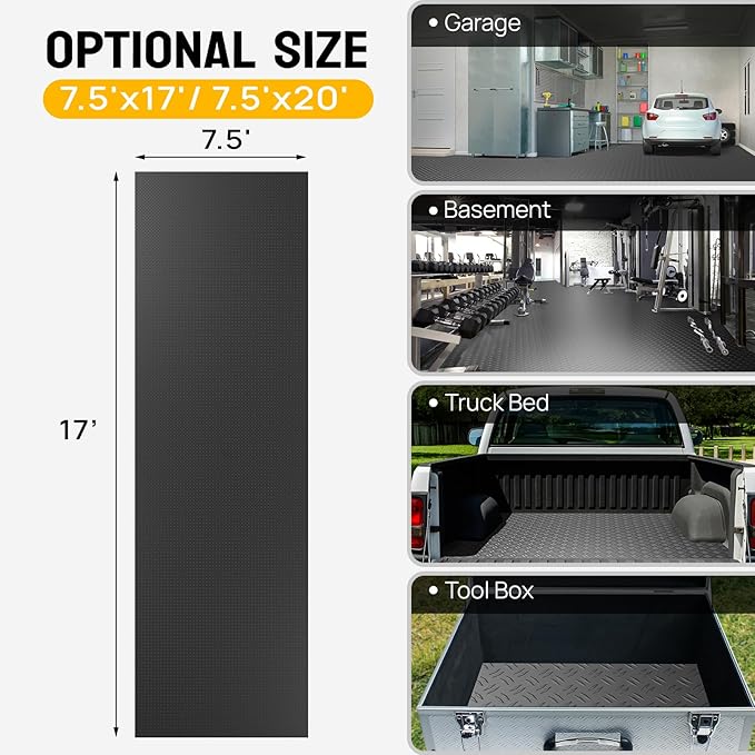 Bonnlo 7.5 X 20 FT Garage Floor Mat,Thickened Double Diamond Plate Garage Floor Covering, PVC Garage Flooring Roll for Under Car,Garage, Warehouse, Gyms, Trailer