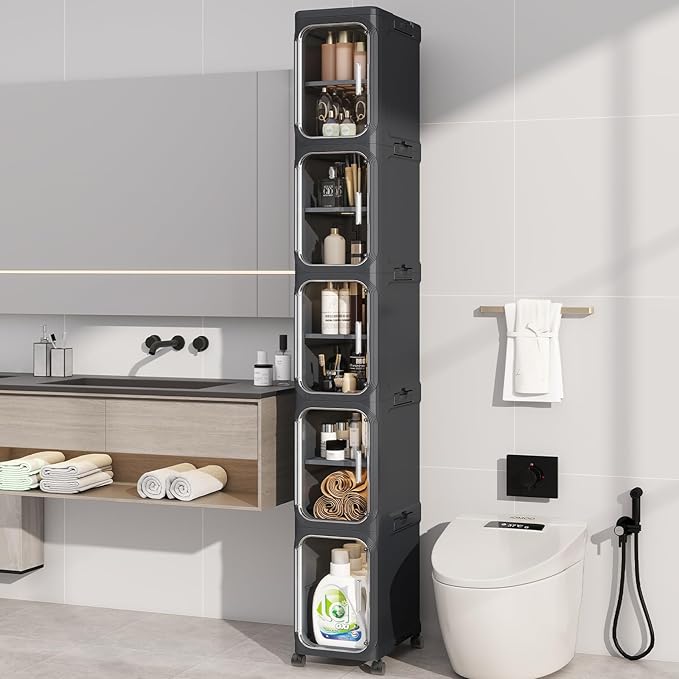 KHNR 5-Tiers Slim Bathroom Storage Cabinet, Foldable Storage Cabinets,Narrow Bathroom Storage,Movable Bathroom Storage Organizer for Small Spaces,Bathroom,Kitchen,Laundry,Black