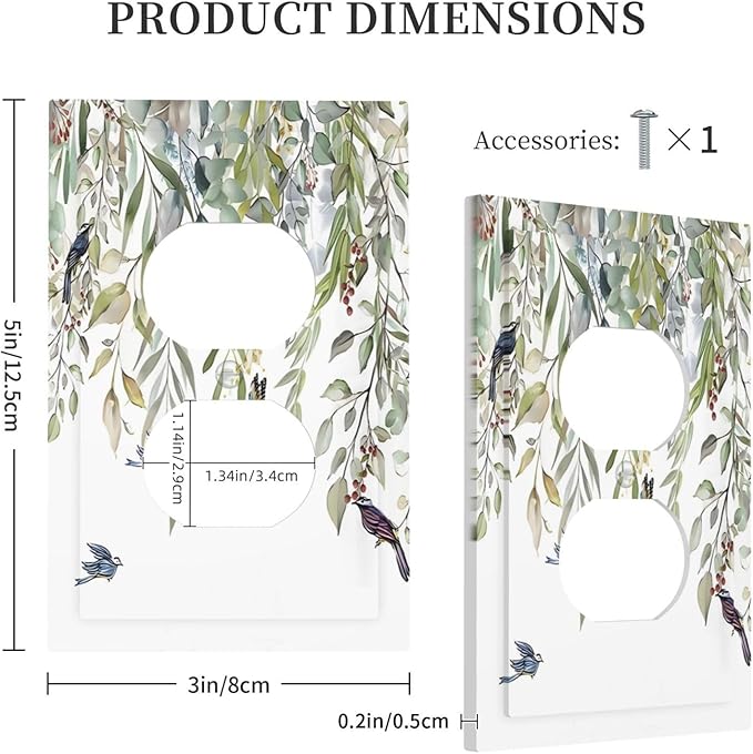 Green Leaf Eucalyptus Leaves Floral Bird Butterfly Outlet Covers 1 Gang Duplex Light Switch Cover Decorative Switch Plates Electrical Receptacle Faceplate Wall Plate for Bed Room Living Room Decor