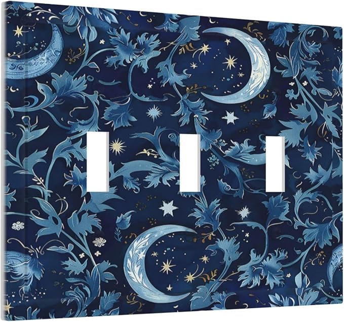 Decorative Switch Plates Vintage Moon And Flowers Decor Floral William Morris 3 Gang Wall Plate Triple Toggle Light Switch Cover Faceplate Electrical Wall Panels for Bedroom Kids room Decor