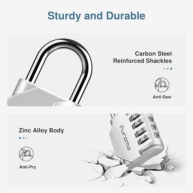 Puroma 2 Pack Combination Lock for Locker 4 Digit Outdoor Waterproof Padlock for School, Gym, Sports, Fence, Toolbox, Gate, Case, Outdoor, Hasp Storage (Silver & Black)