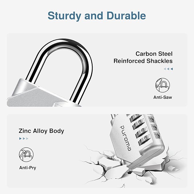 Puroma 1 Pack Combination Lock for Locker 4 Digit Outdoor Waterproof Padlock for School, Gym, Sports, Fence, Toolbox, Gate, Case, Outdoor, Hasp Storage, Cabinets (Silver)