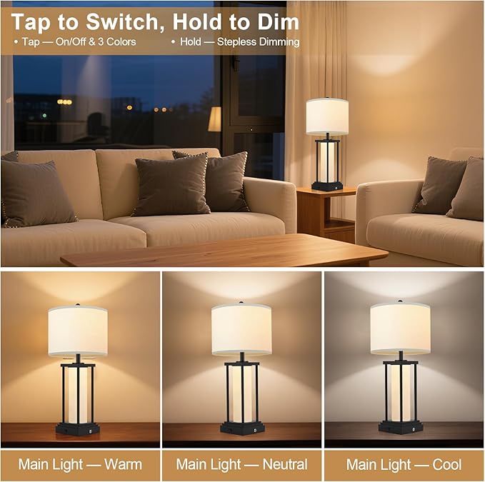 Nightstand Lamps Set of 2, Touch Lamps, 3 Color Temperatures, Stepless Dimming, Bedside Lamps with USB C+A Ports, Living Room Table Lamps, Bedroom Lamps for Nightstand(Bulbs Included) - 2 Packs