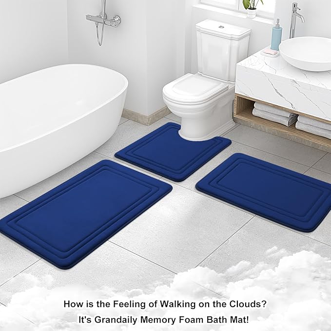 Grandaily Memory Foam Bath Mat Rug 70x24, Ultra Soft, Non-Slip and Absorbent Bathroom Rugs, Machine Wash Dry, Comfortable Bath Carpet for Bathroom Floor, Tub and Shower, Navy Blue