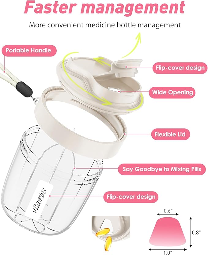 Pill Organizer,Pill Dispenser with 7 Large Compartments,Portable Pill Box for Travel, Anti-Mix Design & Wide Opening Design, Easy Access to Vitamin Dispenser, Includes 20 Blank Stickers(White)