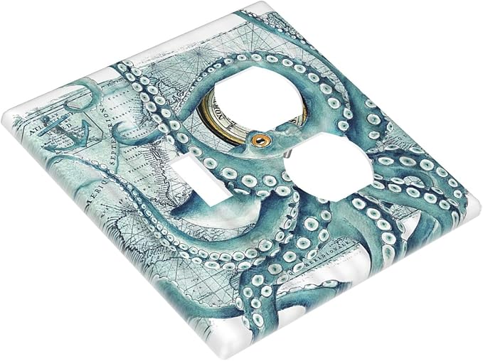 Octopus Nautical Kraken Compass Anchor Decorative Light Switch Cover Plate 1 Toggle/1 Duplex Outlet Covers 2 Gang Combo Gfci Wall Plate Electrical Receptacle Switchplate for Bathroom Decor