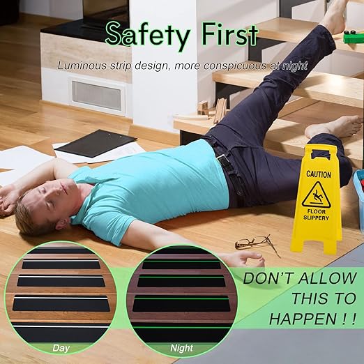 S&X Outdoor Stair Treads Non-Slip 5-Pack, 6" x 24" with Glow-in-The-Dark Stripe Heavy Duty Anti Slip Tape for All Slippery Surfaces - Weather Resistant Grip Tape for Stairs, Steps