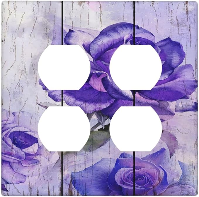 Decorative Light Switch Cover Plate Purple Flower Modern Floral 2 Gang Socket Covers Double Duplex Wallplates Switch Plates and Outlet Covers for Bedroom Kitchen Decor