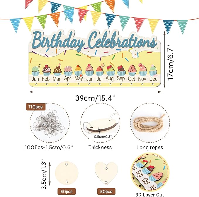 KAlRNE Birthday Calendar Wall Hanging,Family Days Wooden Plaques with Tags,Birthday Celebrations Calendar,Cake Sign Reminder Board,Gifts for Kids Grandparent Anniversary Special Event Classroom Decor