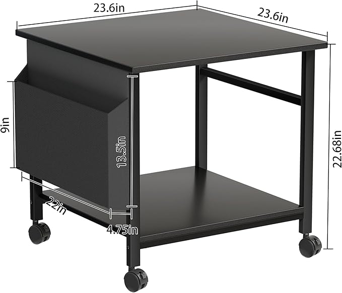 Large Printer Stand, 23.6 x 23.6 Inches Square Printer Stand with Storage Shelf, 2 Tier Printer Table for Home Office, Rolling Printer Cart with Lockable Wheels, Mobile Mini Fridge Stand Table, Black