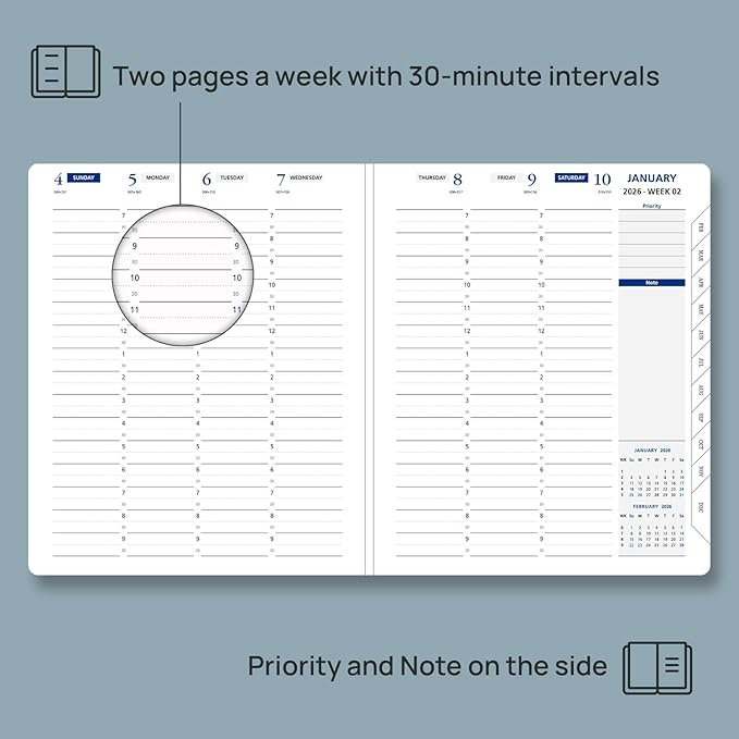 POPRUN 2026 Weekly Planner (Medium 7'' x 8.5''), 30-Minute Hourly Appointment Book (Jan 2026-Dec 2026) with Monthly Tabs, Inner Pockets, Pen Holder, PU Leather Softcover, 100GSM - Purple
