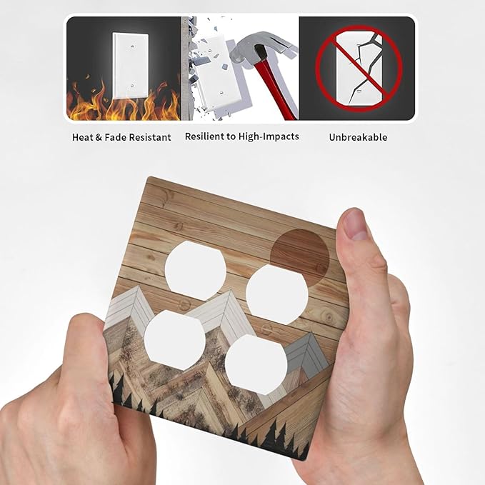 Wooden Planks Mosaic Snow Mountain Sun Outlet Covers 2 Gang Double Duplex Decorative Light Switch Covers Electrical Wallplates Socket Faceplate for Farmhouse Home Decor