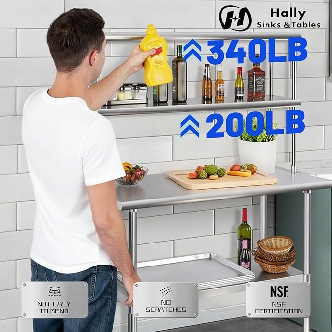 Hally Double Overshelf of Stainless Steel 12'' x 30'' Weight Capacity 340lb, Commercial 2 Tier Shelf for Prep & Work Table in Restaurant, Home and Kitchen