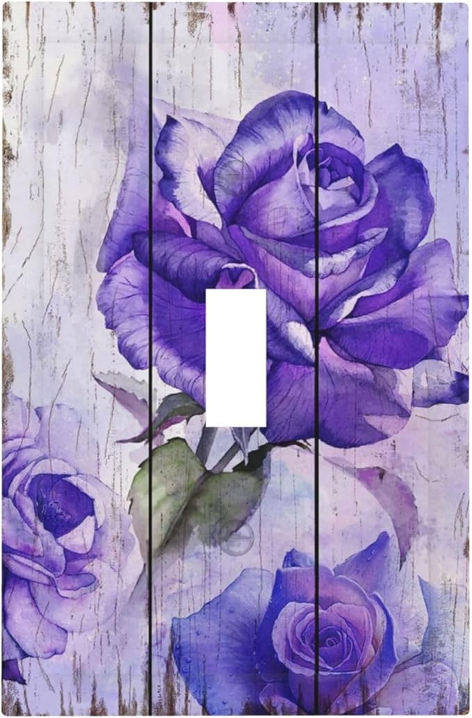 Light Switch Cover Purple Rose Flower Rustic Wood Plank 1 Gang Wall Plate Cover Single Toggle Outlet Covers Decorative Switchplate Electrical Faceplate for Farmhouse Bathroom Decor