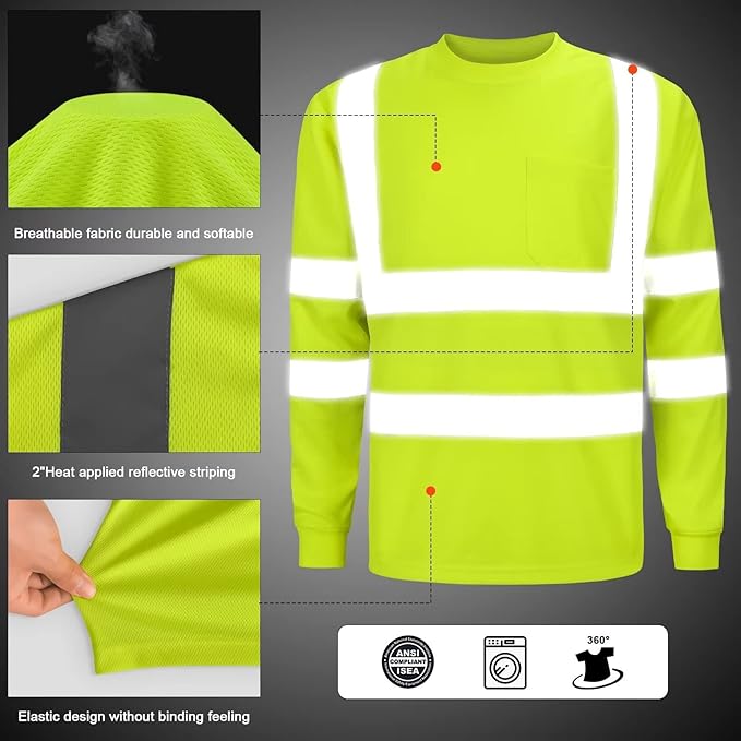 High Visibility Class 3 T Shirts, Hi Vis Safety Shirts with Reflective Strips and Pocket, Long Sleeve Quick Dry Mesh Construction Work Shirt for Men/Women Lime,3XL