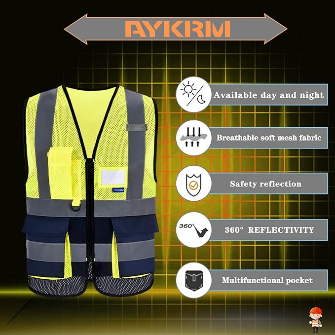 A-SAFETY High Visibility Mesh Safety Reflective Vest with Pockets and Zipper,Hi Vis Viz Reflective Safety Vest(Yellow&Navy Mesh XXL)