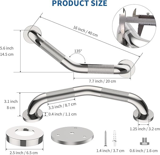 16 Inch Angled Shower Grab Bar, Munzong Anti Slip Satin Brushed Nickel Bathroom Grab Bar, Knurled Bathroom Balance Bar,Safety Hand Rail Support Handicap Elderly Injury Senior Assist Bath Handle