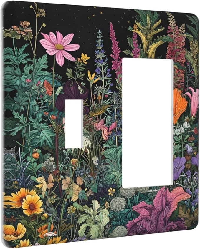 Decorative Outlet Covers Colorful Floral Dark Sky Wildflower Plants 2-Gang Combo Light Switch Cover Plate Single Toggle/Rocker Wall Plate Plug Switch Plate Covers for Bathroom Decor