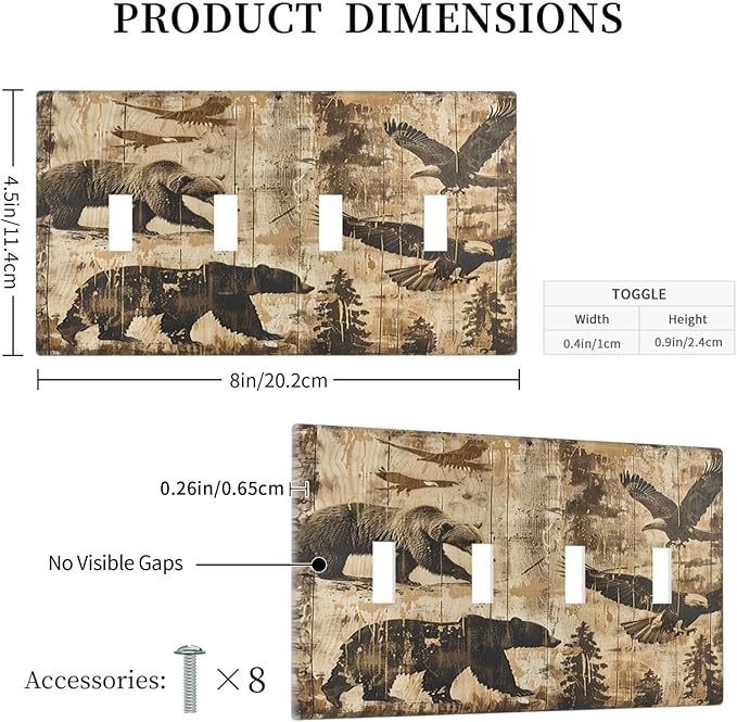 Light Switch Covers Vintage Cabin Wildlife Animal Bear Eagle Forest Quad Toggle Electrical Faceplate 4 Gang Wall Plate Decorative Switch Plates for Farmhouse Bedroom Decor