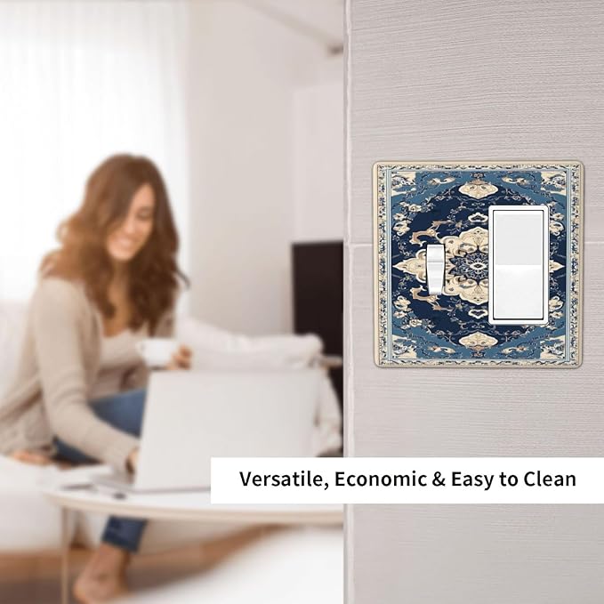 Decorative Outlet Covers Boho Beige Navy Blue Medallion 2-Gang Combo Light Switch Cover Plate Single Toggle/Rocker Wall Plate Plug Switch Plate Covers for Country Bathroom Bedroom Decor