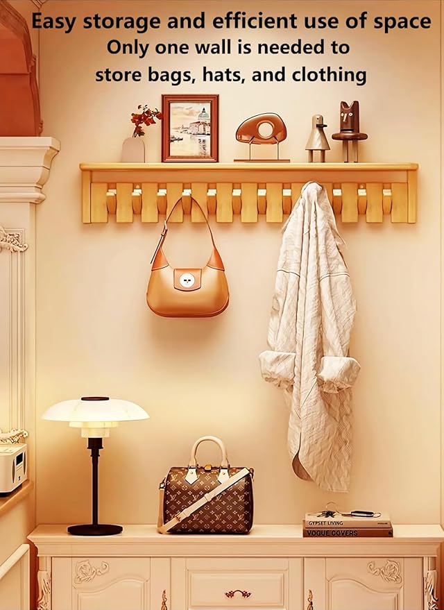 Wall Mounted Piano Key Hanger | Flip Style Hook | Entrance Wall Art Hook, Made of Oak Wood (3 Times Painted, 4 Times Polished) (Tray Beech, 10Hooks)