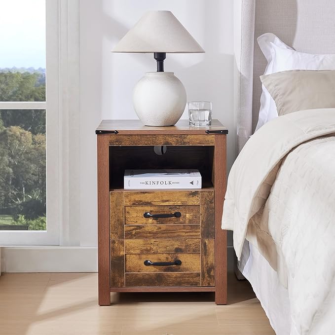 Brown Rustic Night Stand, Farmhouse End Table, Modern Bedside Table with 2 Storage Drawers and Open Shelf, Tall Nightstand for Bedroom