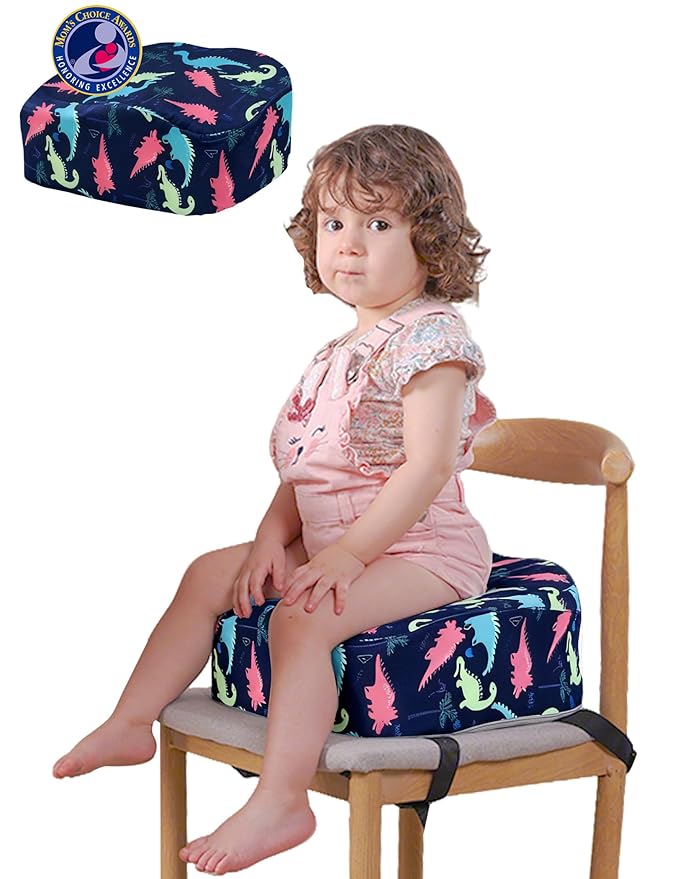 Babelio Ergo-Designed Booster Seat for Kitchen Chair, Promote Proper Upright Posture, Toddler Booster Seat for Dining Table, Removable & Washable Cover, Blue Dinosaur