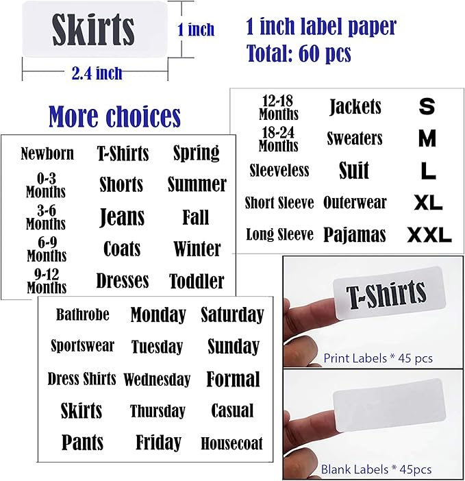 20 Pack White Clothing Rack Size Dividers Plus 45 Labels (1 Inch) and 18 Large Blank Labels, Large Rectangular Clothing Closet Dividers (Blue)