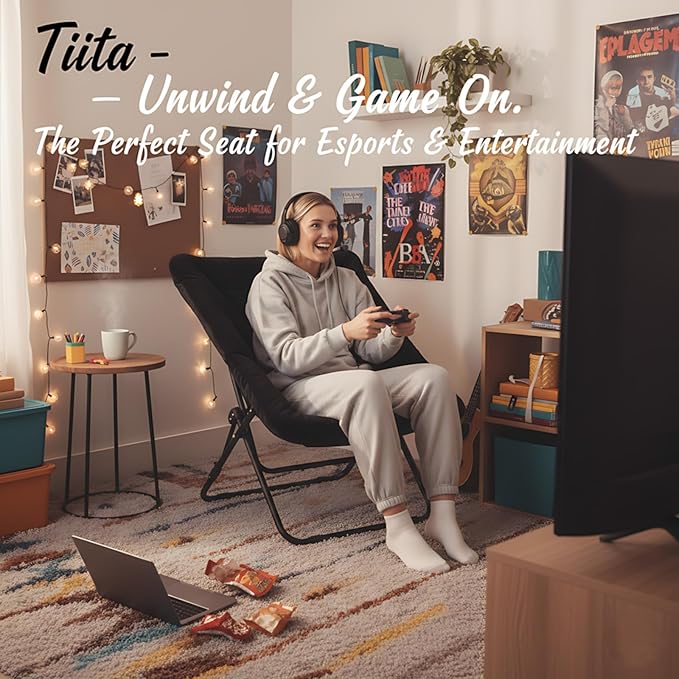 Tiita Comfy Folded Chair, Soft Faux Fur Oversized Folding Accent Chair, Lounge Lazy Chair for Kids Teens Adults, Metal Frame Moon Chair for Bedroom, Living Room, Dorm Rooms