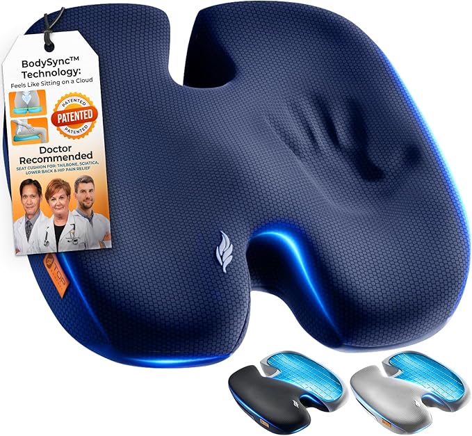 Seat Cushion, BodySync™ Technology with Non-Slip Gel & Memory Foam for Tailbone, Sciatica & Back Pain Relief, Office Chair Cushion, Car Seat Cushions for Driving (Dark Grey Blue)