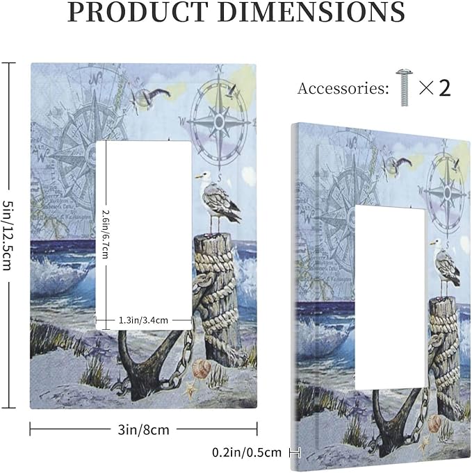 Outlet Covers Sea Ocean Sand Coast Compass Ship Lighthouse Anchor 1 Gang Wall Plate Single Rocker Light Switch Cover Decorative GFCI Receptacle Cover Electrical Switchplate for Bathroom Decor