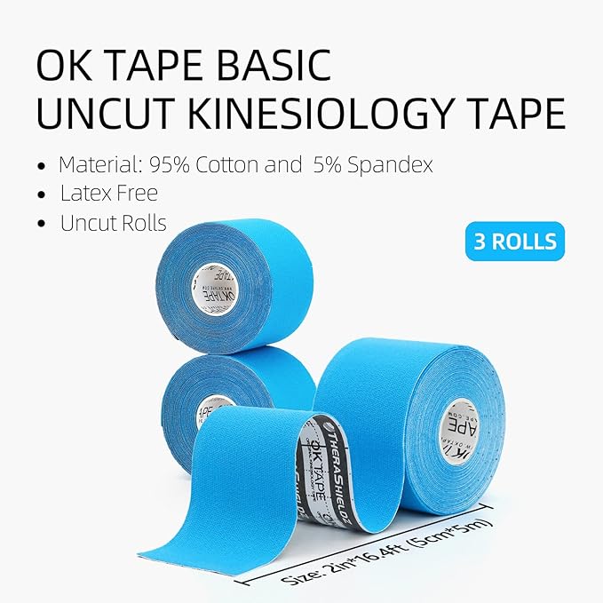OK TAPE Regular Kinesiology Tape (3 Pack), Original Cotton Athletic Tape for Support Muscle Joint Knee, Sports Waterproof Tape Uncut Strips Latex Free, Hypoallergenic, 2in×16.4ft - Light Blue