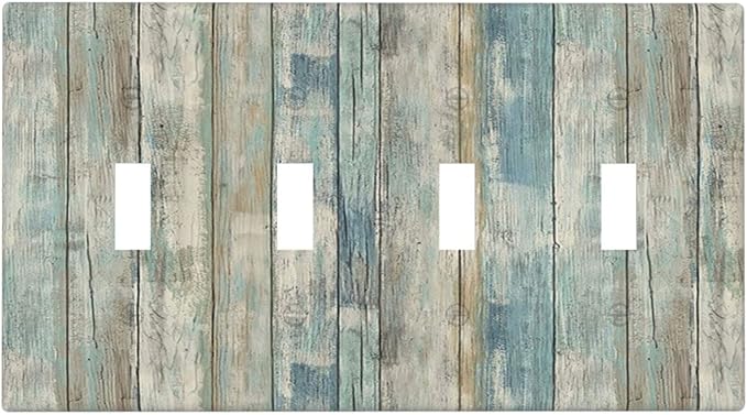 Tea Vintage Wood Plank Distressed Grain Rustic Shiplap Board Quad Toggle Light Switch Covers Decorative 4 Gang Wall Plates Cover 4 Hole Electrical Device Switchplates for Farmhouse Bathroom