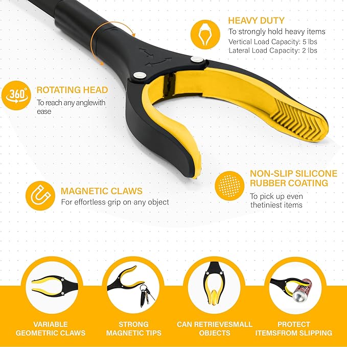 32 inch GrabRunner Folding Reacher Grabber Tool with Strong Magnetic and Swivel Head & Shoehorn (Yellow)