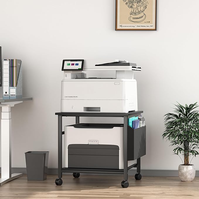Large Printer Stand, 23.6 x 23.6 Inches Square Printer Stand with Storage Shelf, 2 Tier Printer Table for Home Office, Rolling Printer Cart with Lockable Wheels, Mobile Mini Fridge Stand Table, Black