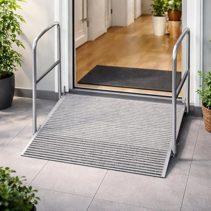 Aluminum Adjustable Threshold Ramp with Detachable Handrail for Wheelchair, 36" x 36" Doorway Ramp with 3.4"–7.2" Rise, Self-Supporting Entry Ramp for Uneven Surfaces, 880lb Capacity with Non-Slip Mat