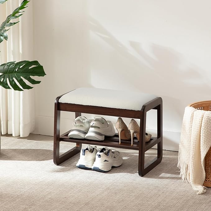 Small Shoe Rack Bench,2 Tier Wooden Entryway Bench with Shoe Storage, Shoe Rack with Cushion for Living Room, Hallway(CreamWhite, 21.6")