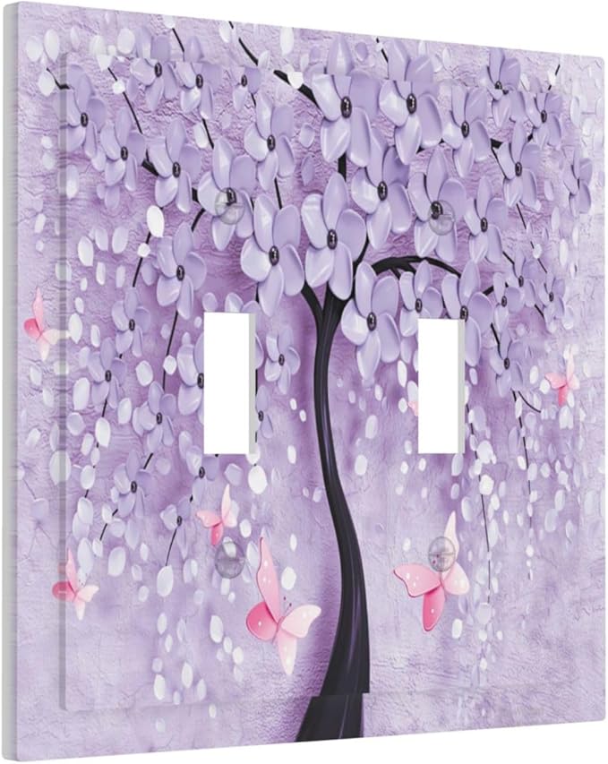 Light Switch Cover 3D Purple Tree 2 Gang Wall Plate Double Light Switch Plate Toggle Decorative Outlet Covers Electrical Switchplate for Bathroom Bedroom Decor
