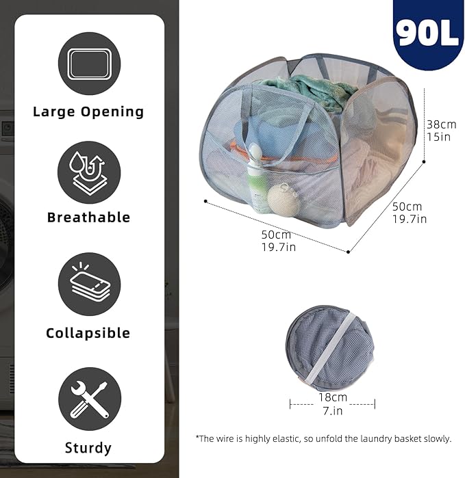 Collapsible Laundry Basket 90L, Foldable Mesh Pop-up Laundry Hamper with Handles, Dirty Clothes Hamper for Laundry with Side Storage Pocket