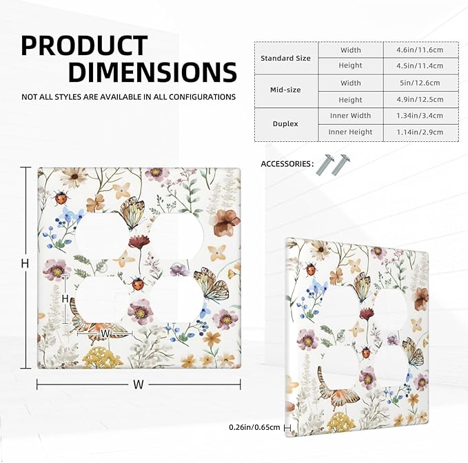 Boho Multicolor Flower Butterfly Insect Floral Outlet Covers 2 Gang Double Duplex Decorative Light Switch Covers Electrical Wallplates Socket Faceplate for Bedroom Living Room Decor
