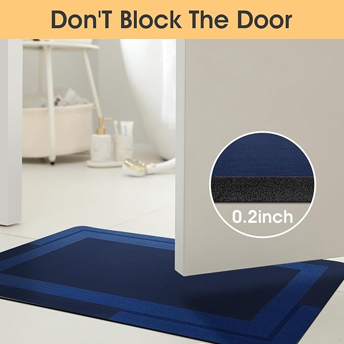 ACCUMTEK Toilet Rugs, Ultra Thin Absorbent Contour Bathroom Rugs for Toilet, Dry Quickly, Machine Washable, Upgrade Backing Non-Slip Bath Mat, Dark Blue/Bordered/U-Shaped 24"x20"