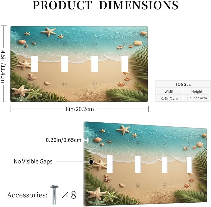 Light Switch Covers Summer Beach Themed Starfish Seashells Quad Toggle Electrical Faceplate 4 Gang Wall Plate Decorative Switch Plates for Bedroom Bathroom Decor
