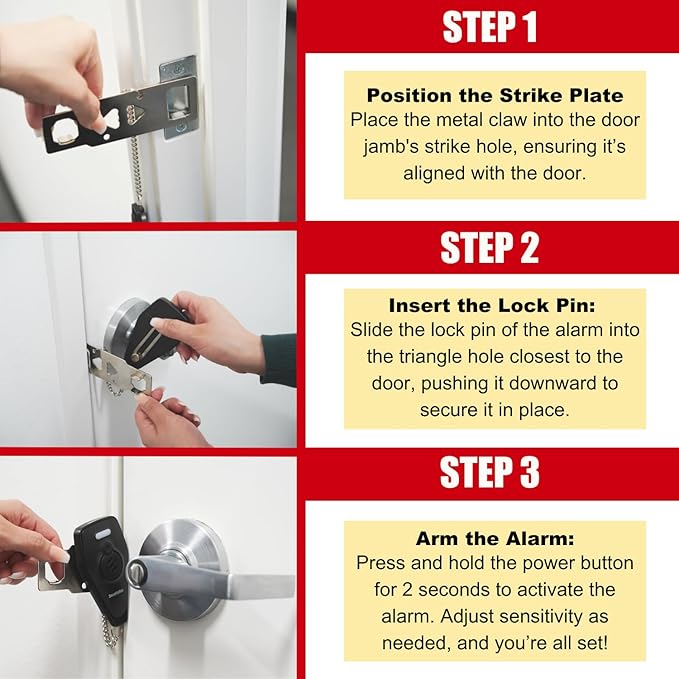Door Security Bar & Portable Door Lock with Alarm (White) – High-Grade Iron Door Jammer & 130dB Alarm for Home, Apartment, Hotel & Travel Safety – (Black)