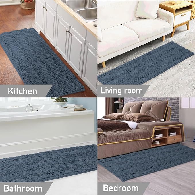Turquoize Bathroom Runner Area Chenille Rug Oversize Non-Slip Shag Kitchen Shower Bath Mat Extra Long Blue Striped Washable for Bathroom, Size 59" x 20", Blue Indigo