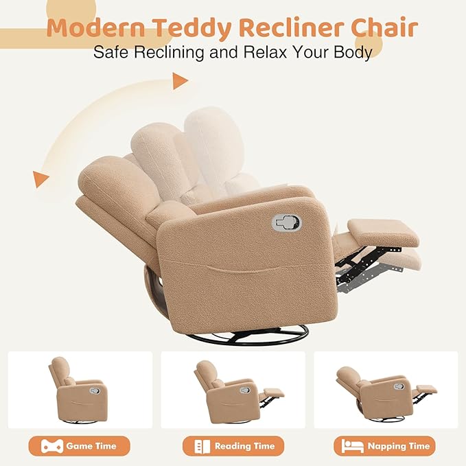 Swivel Rocker Recliner, Oversized Manual Boucle Nursery Glider Rocking Recliner Chair with Removable Cushion, Upholstered Swivel Reclining Chair for Nursery Living Room Bedroom,Teddy Camel