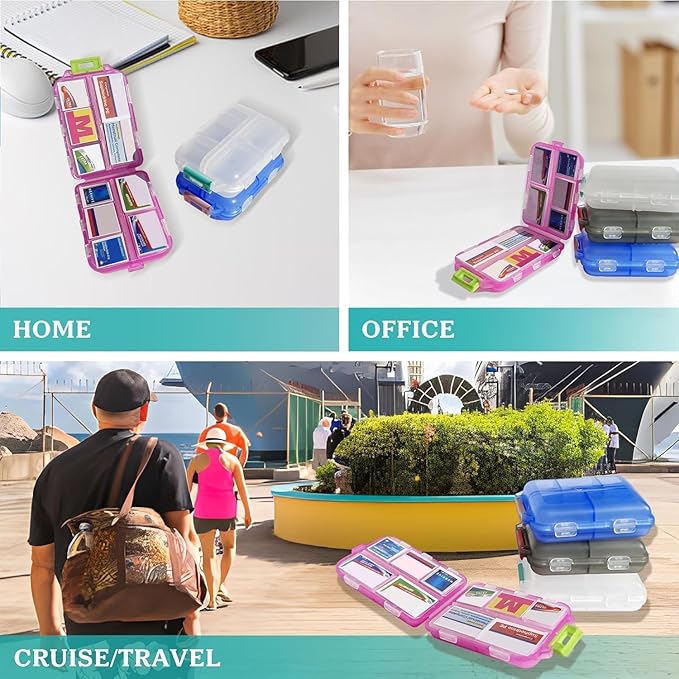 Pill Organizer with Medicine Labels Travel Daily Pill Container Mini Medication Organizer Storage Pill Organizer Travel Essentials Pill Case 7 Day (Pink & 161 Lables)