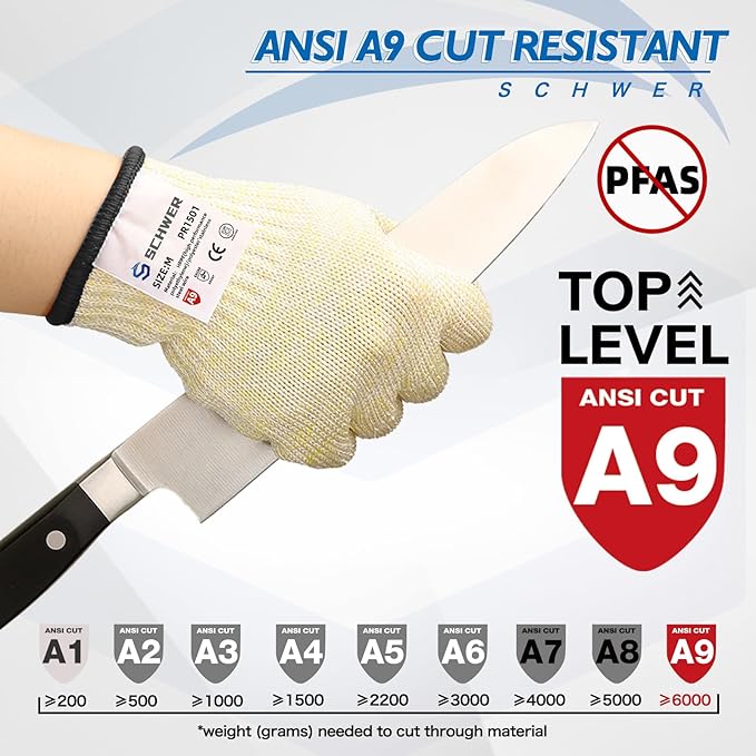 Schwer SlicePro ANSI A9 Cut Resistant Gloves, Food Grade Cutting Glove, Mandoline Gloves for Kitchen, Oyster Shucking, 2 Pairs, S, Beige