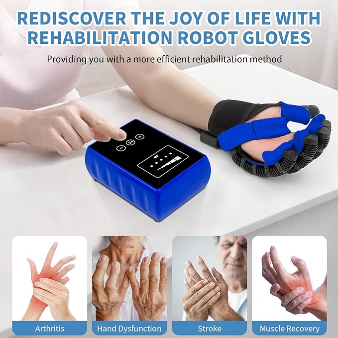 Rehabilitation Robot Gloves, Finger Exerciser for Stroke Recovery Hand Glove Equipment Hand Function Rehabilitation, Adjustable Strength and Supports USB Charging (blue, L - Left Hand)